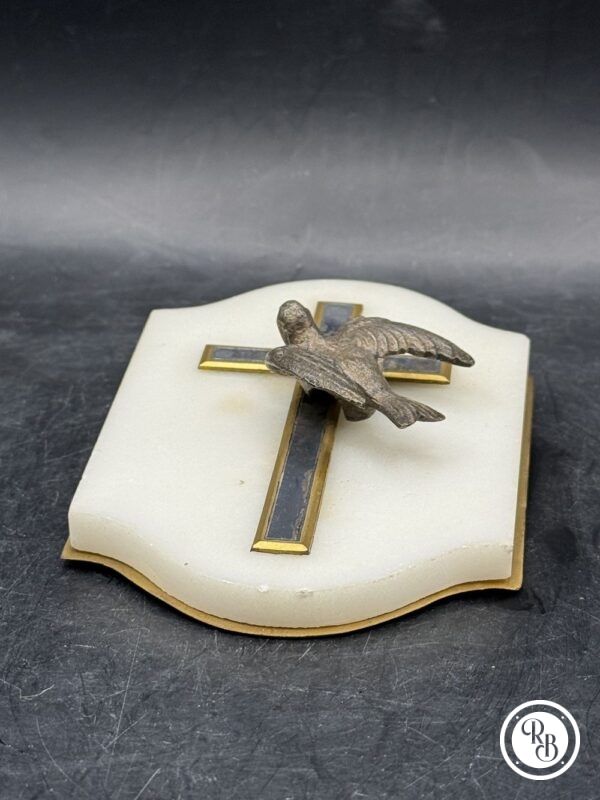 Ancien porte rameau en Bronze et Marbre avec son oiseau (colombe) et sa croix incrustée - Vers 1920 - Collection - Décoration - Jésus Christ – Image 4