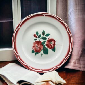 Assiette Digoin Sarreguemines - Des années 1930/40 - Décor floral bordeaux et vert - Modèle Eden - Collection - Décoration - Arts de la table