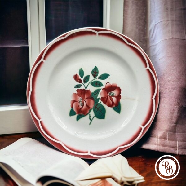 Assiette Digoin Sarreguemines - Des années 1930/40 - Décor floral bordeaux et vert - Modèle Eden - Collection - Décoration - Arts de la table
