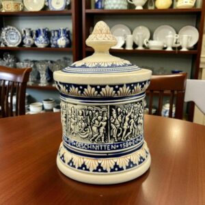 Ancien Pot à tabac en grès de la manufacture Allemande Marzi et Rémy - Signé en creux - Bleu et beige à décors de scènes bibliques - Collection - Décoration