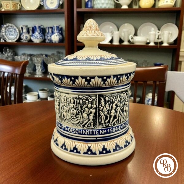 Ancien Pot à tabac en grès de la manufacture Allemande Marzi et Rémy - Signé en creux - Bleu et beige à décors de scènes bibliques - Collection - Décoration