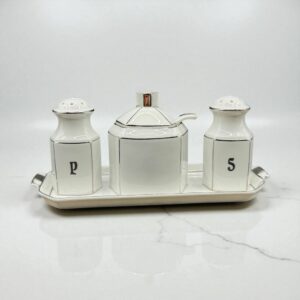 Ancien ensemble sel/poivre/moutarde en porcelaine blanche rehaussé d’argent - Typique de l’époque Art déco - Marque Epiag Royal - Fabriqué en Tchécoslovaquie - Collection - Déco