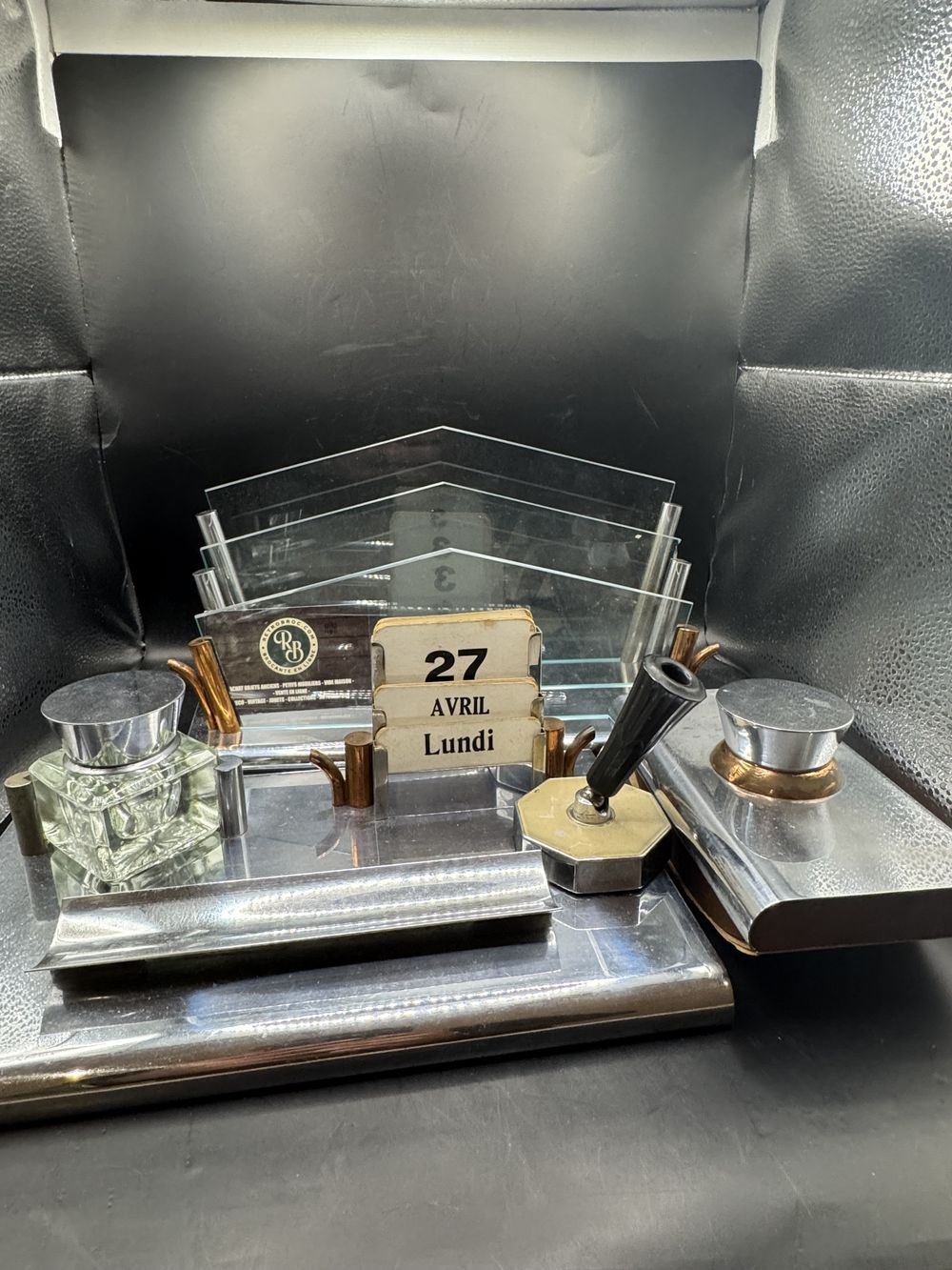 Ancien et rare ensemble de bureau (complet) en acier chromé et en verre - Epoque Art déco vers 1930 - Collection - Décoration – Image 2