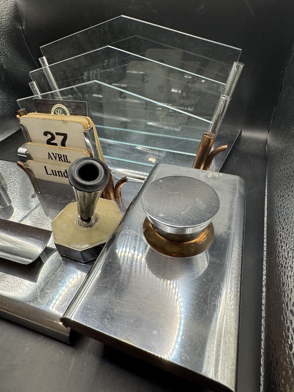 Ancien et rare ensemble de bureau (complet) en acier chromé et en verre - Epoque Art déco vers 1930 - Collection - Décoration – Image 3