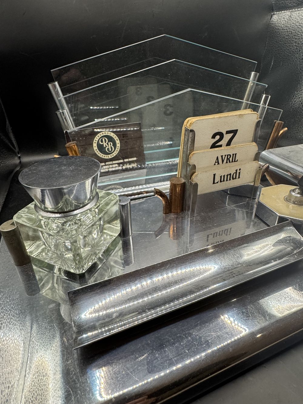 Ancien et rare ensemble de bureau (complet) en acier chromé et en verre - Epoque Art déco vers 1930 - Collection - Décoration – Image 4