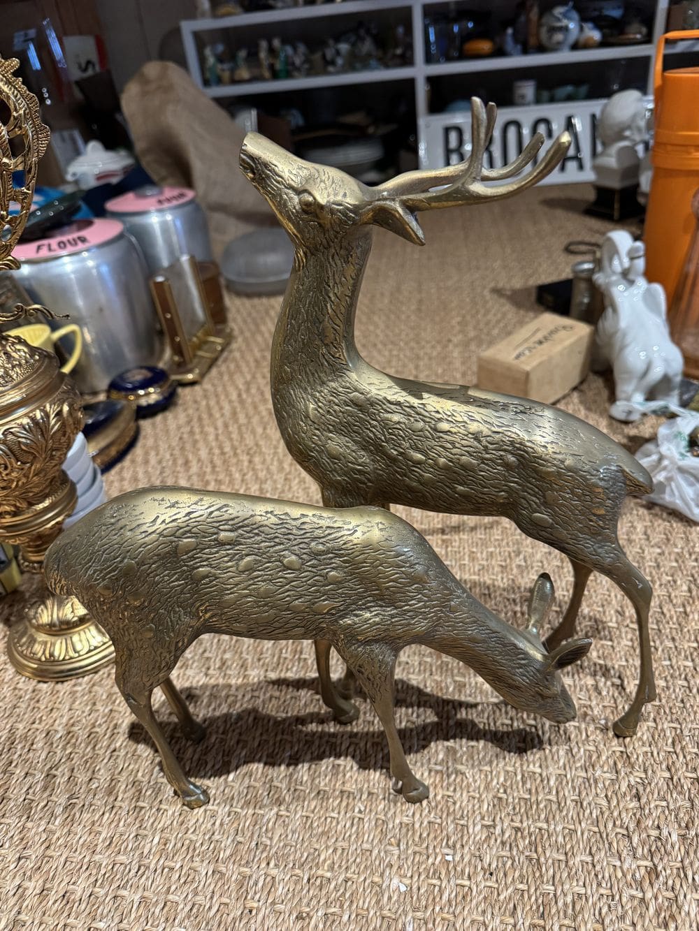 Anciennes statuettes - Paire de cerf/biche en laiton massif doré - Imposantes dimensions 35 et 24cm - Collection - Déco - Vintage – Image 4