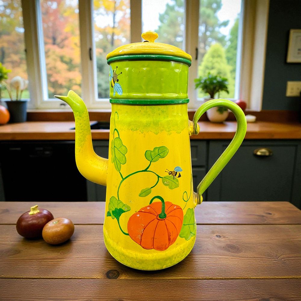 Ancienne et charmante cafetière en tôle émaillée et décorée à la main - Vers 1950 - Jaune - Vert - Orange citrouille - Décoration - Collection