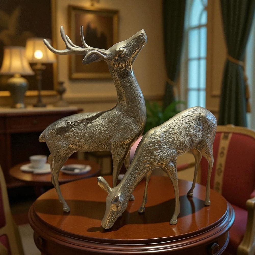 Anciennes statuettes - Paire de cerf/biche en laiton massif doré - Imposantes dimensions 35 et 24cm - Collection - Déco - Vintage