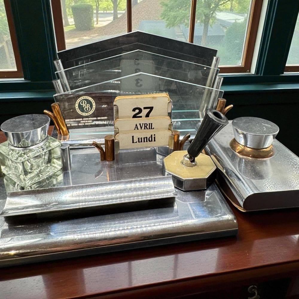 Ancien et rare ensemble de bureau (complet) en acier chromé et en verre - Epoque Art déco vers 1930 - Collection - Décoration