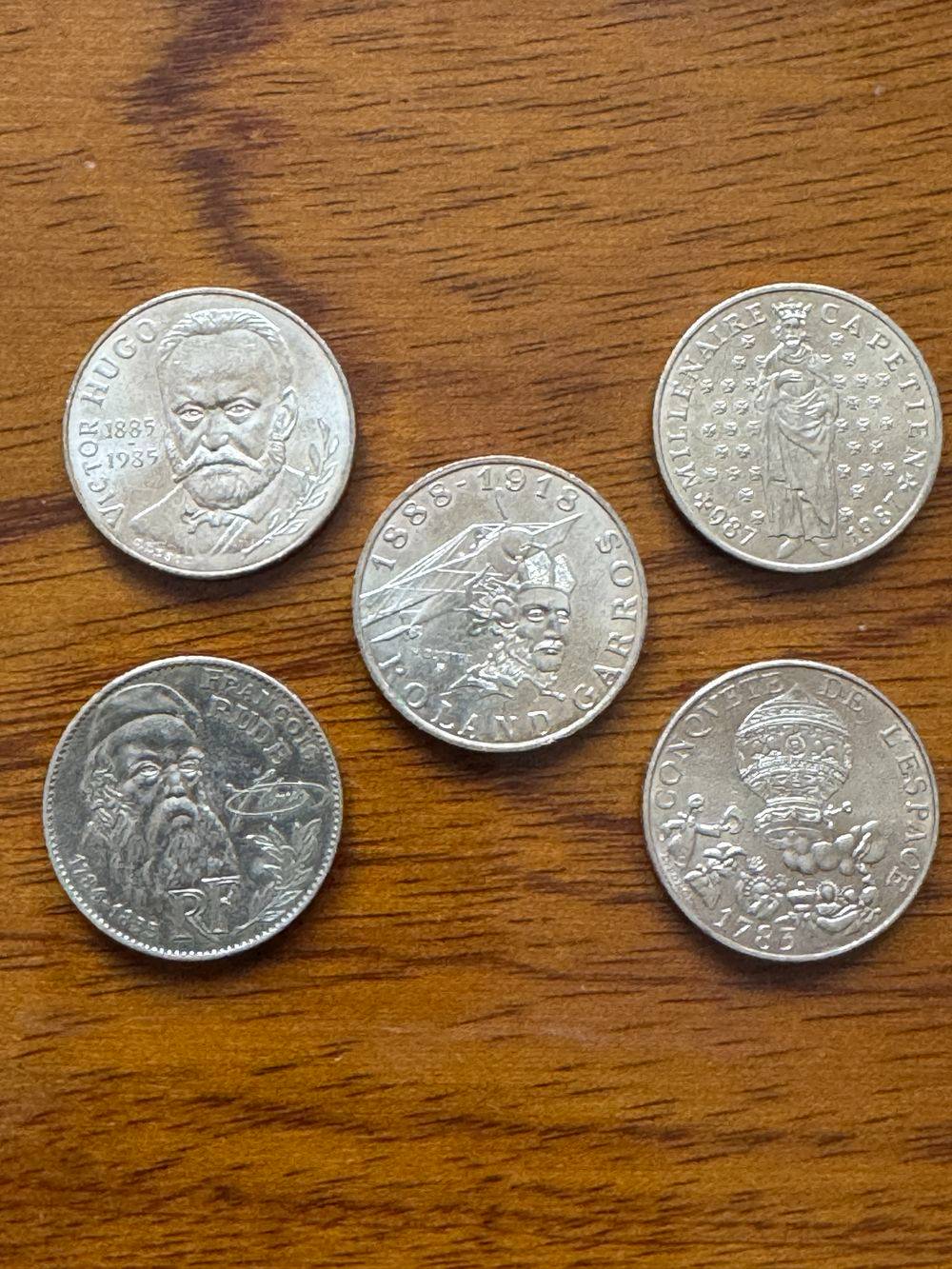 Lot de 5 Pièces de monnaie de 10 Francs - Commémoratives - Hugo - Roland Garros - Rude - Capétien - Espace - Collection - Numismate