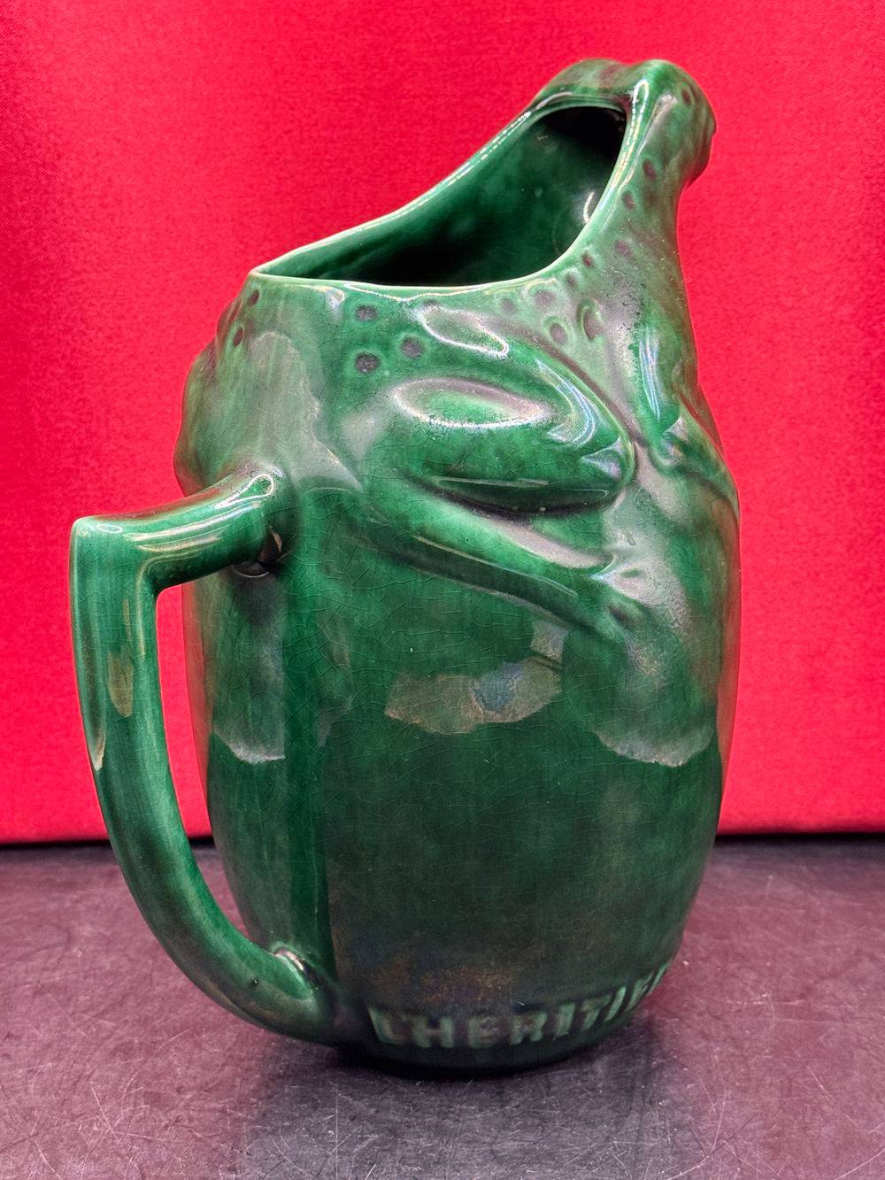 Le plus ancien des Pichets publicitaire "l'Héritier Guyot" et sa belle grenouille verte en barbotine - Vers 1940/1950 - Collection - Vintage - Bistro - Bar – Image 3