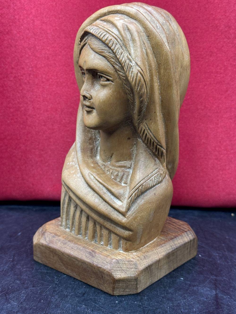 Ancien et rare buste en bois d'olivier de Sainte Marie-Madeleine fabriqué et taillé à la main - Vers 1950 - Collection - Décoration – Image 2