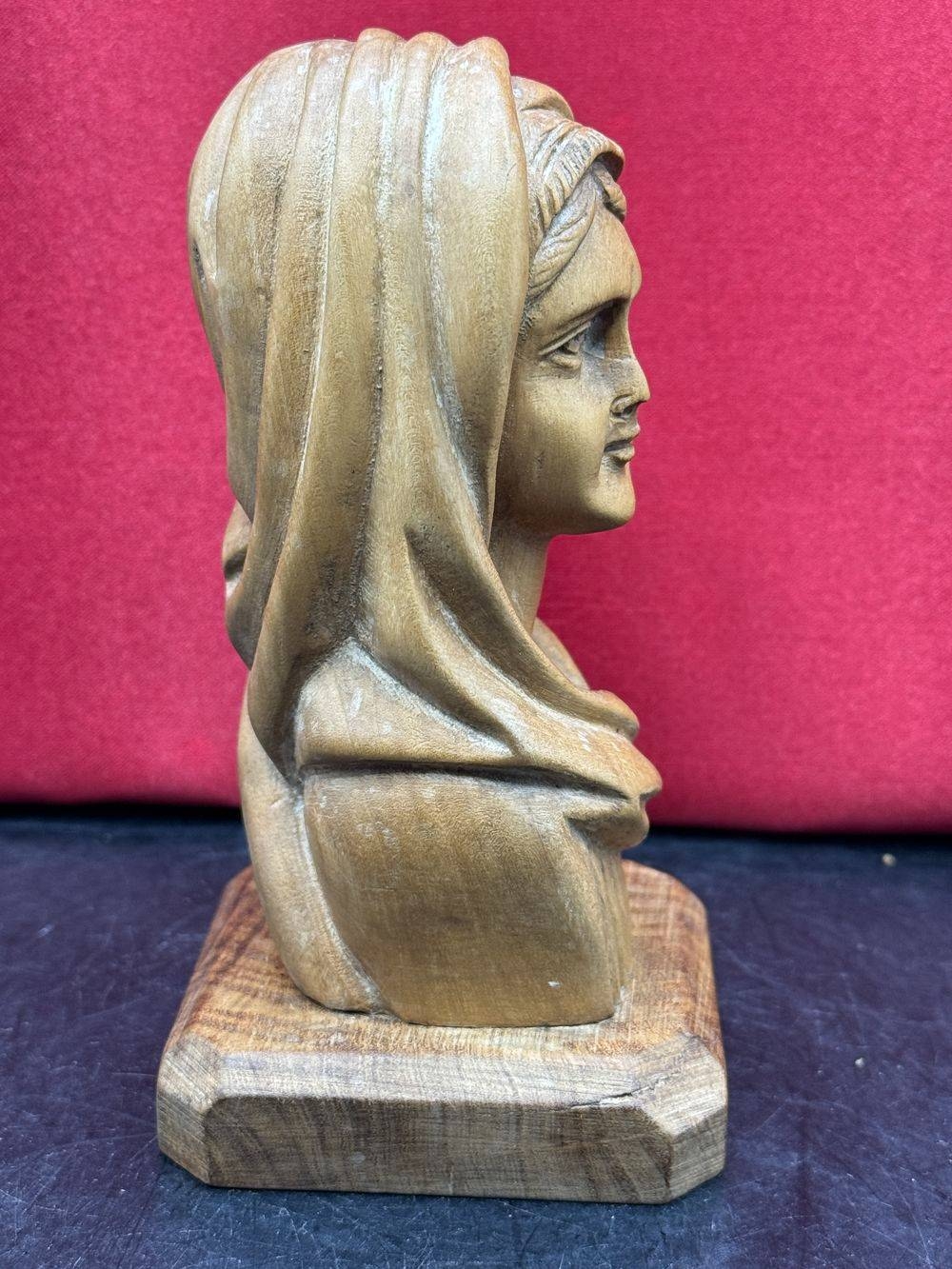 Ancien et rare buste en bois d'olivier de Sainte Marie-Madeleine fabriqué et taillé à la main - Vers 1950 - Collection - Décoration – Image 5