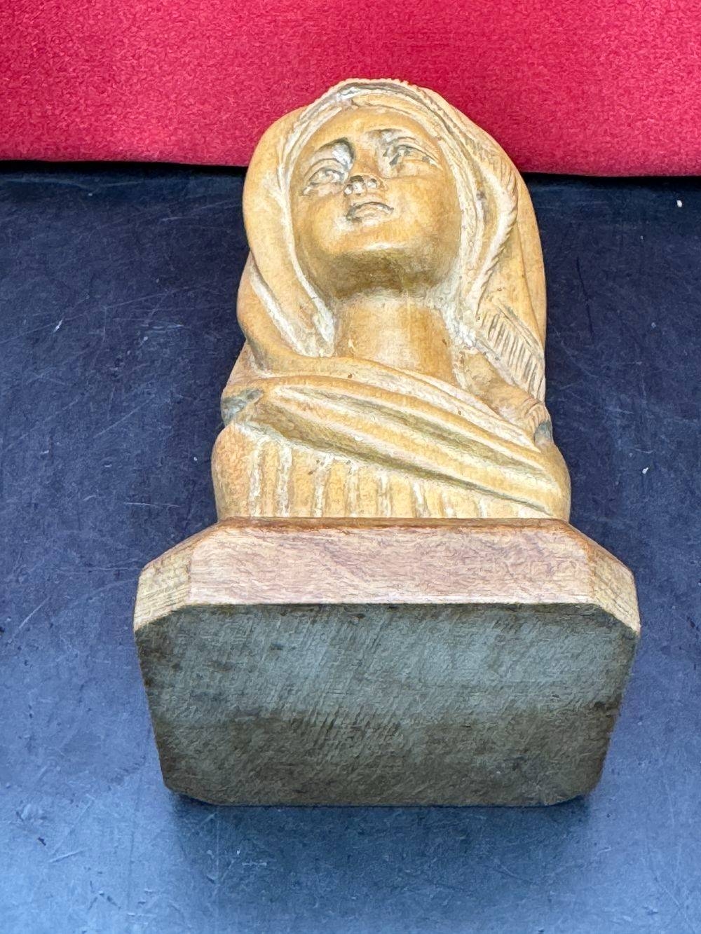 Ancien et rare buste en bois d'olivier de Sainte Marie-Madeleine fabriqué et taillé à la main - Vers 1950 - Collection - Décoration – Image 6