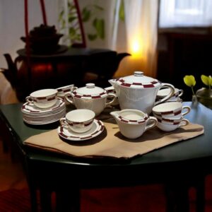Magnifique et rare Service à café complet de la faïencerie de Salins France en Opacéline - Modèle Damier Rouge - Vers 1950 - Décoration - Collection