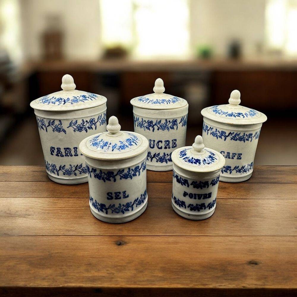 Jolie série de 5 pots à Epices avec leurs couvercles - En terre de fonte de Saint Uze - Décoration - Collection