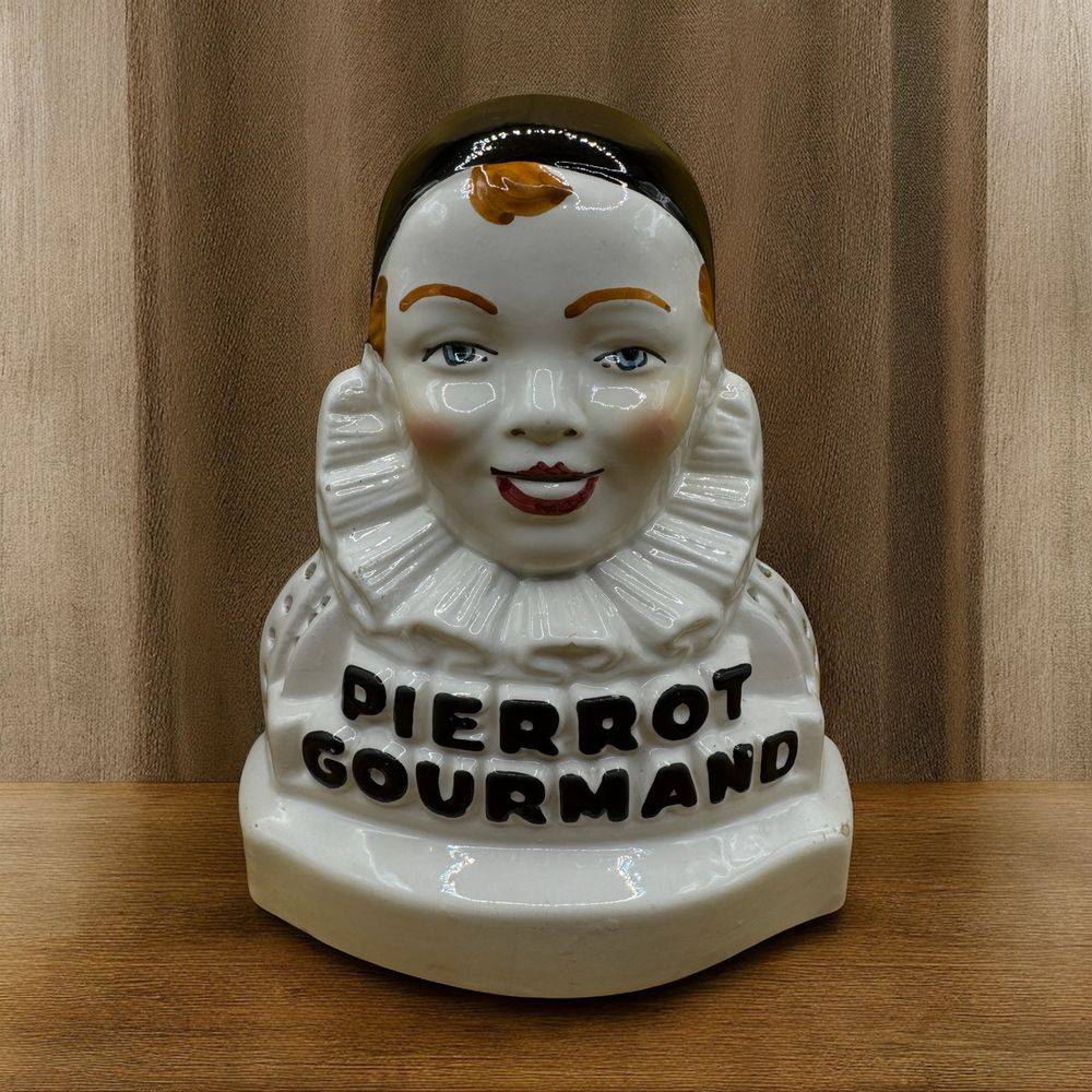 Rare ancien présentoir Pierrot Gourmand servant de présentation de sucettes dans les boulangeries françaises et datant des années 70 - En céramique vernissée - Collection - Décoration - Vintage