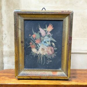 Ancienne reproduction sur soie - Le bouquet de fleur - Avec son cadre doré à la feuille - Déco chic - Collection - Italie