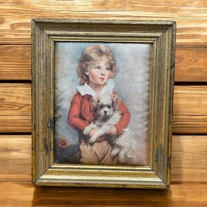 Ancienne reproduction sur soie - Le garçon et son chien - Avec son cadre doré à la feuille - Déco chic - Collection
