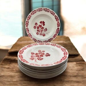 Lot/Ensemble du 19ème de 9 assiettes creuses - Décor de fleurs et feuillages rouges épousant la forme circulaire de l'assiette - Collection - Décoration