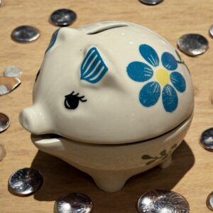 Cochon/Tirelire en faïence ALF du Portugal - Des année 80 - Bleu, jaune et vert - Décor floral - Collection - Décoration - Vintage