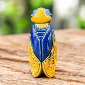 Cigale provençale en terre cuite vernissée bleue et jaune - Pièce unique de chez Clarous - Made in France - Collection - Décoration