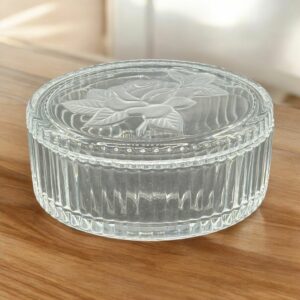 Charmante Boîte à bijoux/Bonbonnière en verre et de forme ovale - Décor rose en relief et cristal dépoli - Tour de boîte strié - Cristal d'Arques- Collection - Décoration - Vintage