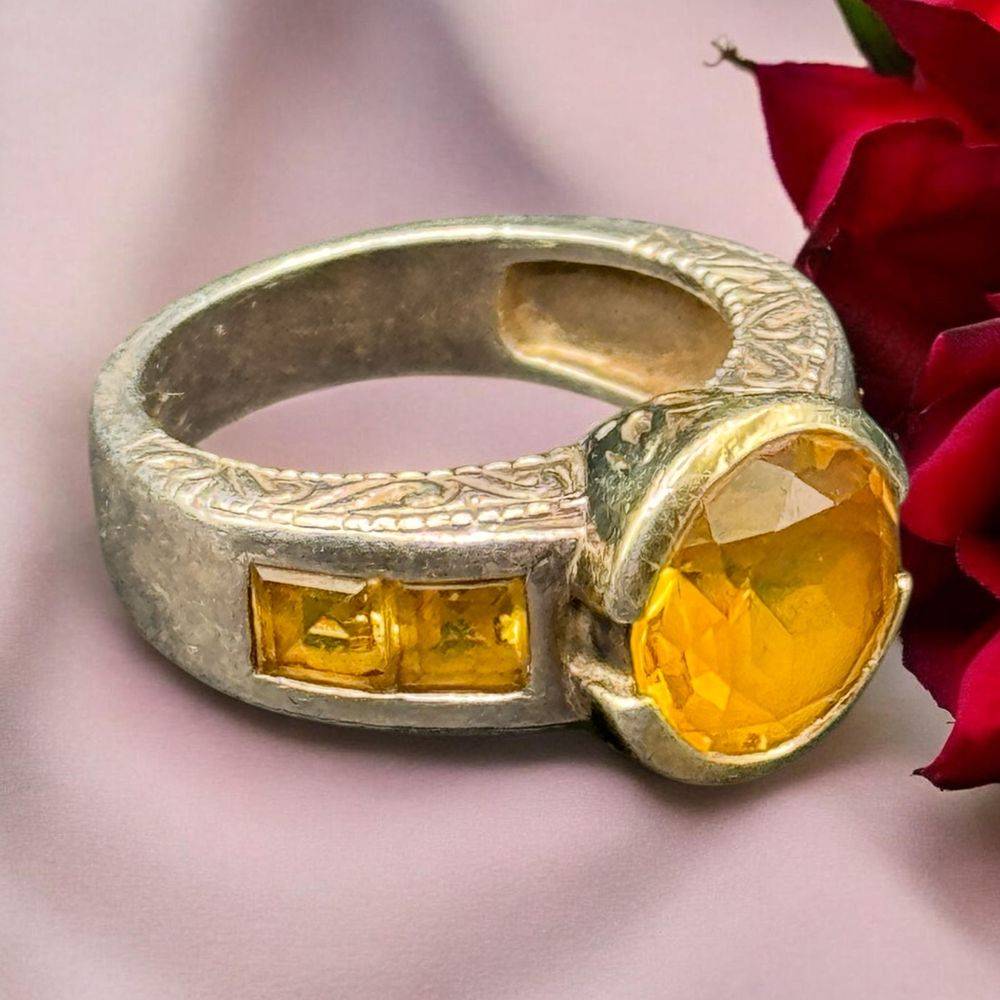 Bague vintage des années 1970 en argent 925° (poinçon) avec brillants et une grosse topaze jaune ou Citrine - Taille 54-55 (voir photos) - Collection - Bijoux