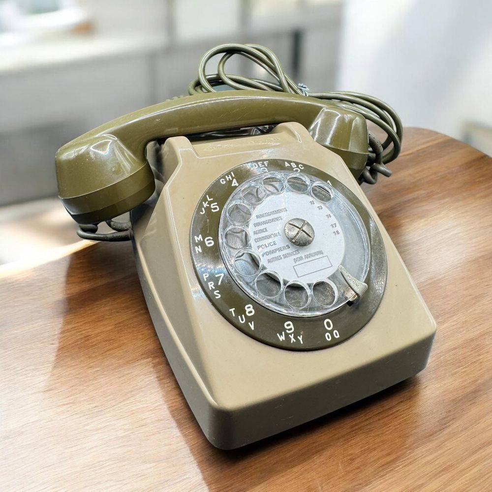 Ancien téléphone en bakélite à cadran - De couleur verte - Ptt So.co.tel s63 fabriqué en France - Daté de mai 1980 - Avec son typique cadran rotatif et sa sonnerie bourdon - Collection - Décoration - Vintage