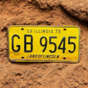 Vraie plaque originale d'immatriculation (en métal et relief) - Vintage des Usa - Etats-Unis - Illinois de 1975 - Jaune - Décoration murale pour garage - Collection