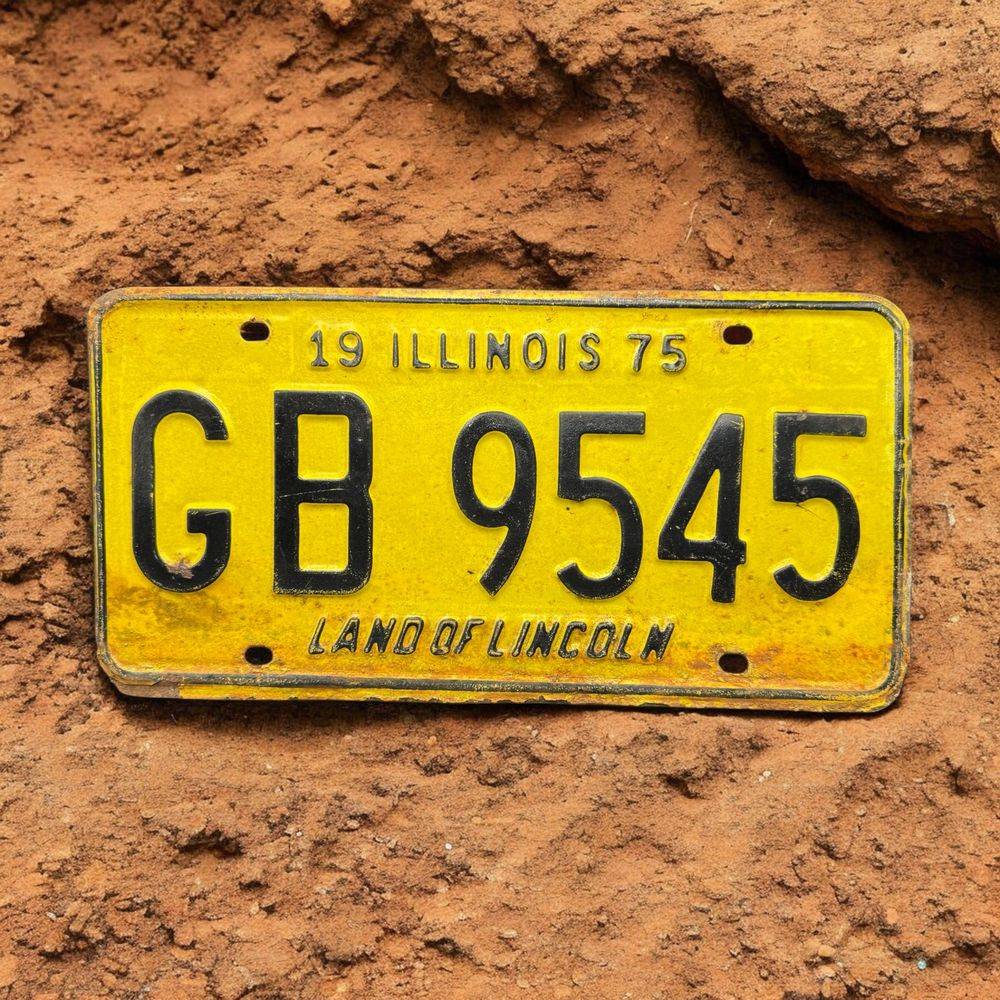 Vraie plaque originale d'immatriculation (en métal et relief) - Vintage des Usa - Etats-Unis - Illinois de 1975 - Jaune - Décoration murale pour garage - Collection