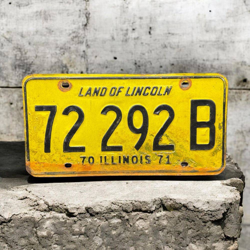 Vraie plaque originale d'immatriculation (en métal et relief) - Vintage des Usa - Etats-Unis - Illinois de 1971 - Jaune - Décoration murale pour garage - Collection