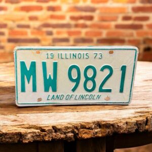 Vraie plaque originale d'immatriculation (en métal et relief) - Vintage des Usa - Etats-Unis - Illinois de 1973 - Blanche et verte - Décoration murale pour garage - Collection