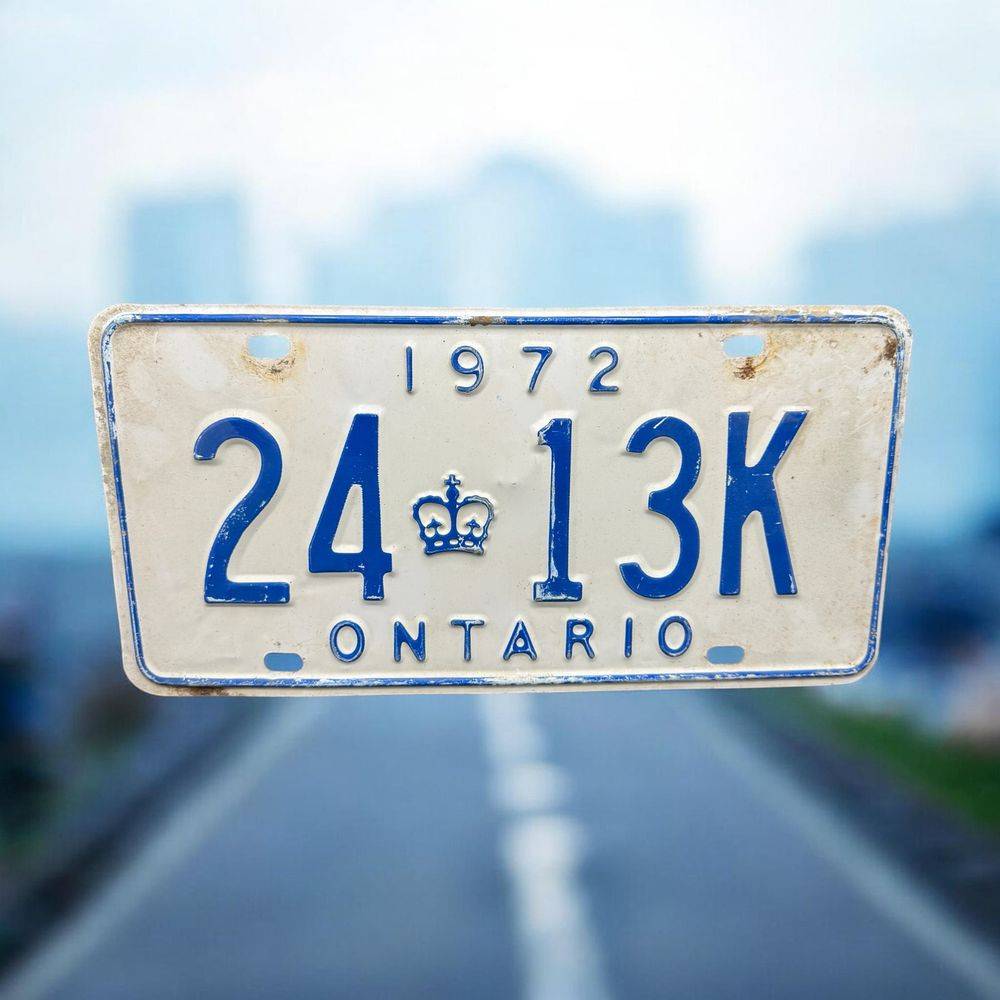 Vraie plaque originale d'immatriculation (en métal et relief) - Vintage des Usa - Etats-Unis - Etat de l'Ontario - 1972 - Blanche et bleue - Décoration murale pour garage - Collection