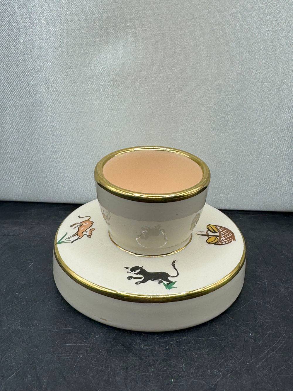 Rare Coquetier en Faïence de Saint Méen le Grand - Rivière Letort - Décor naïf et liseré or sur le bord haut - Décoration - Collection – Image 2