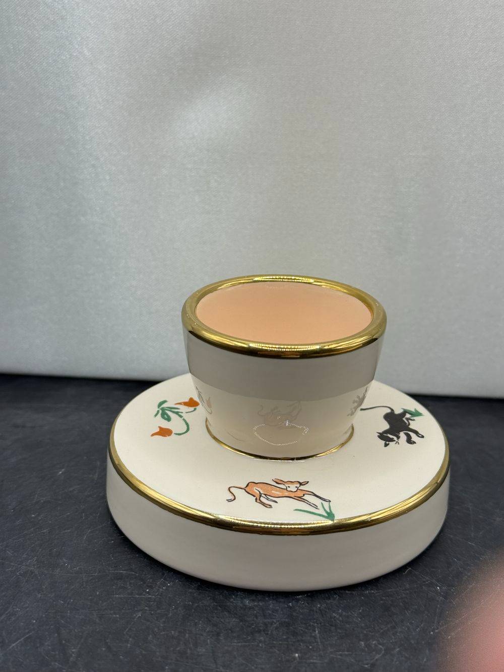 Rare Coquetier en Faïence de Saint Méen le Grand - Rivière Letort - Décor naïf et liseré or sur le bord haut - Décoration - Collection – Image 5