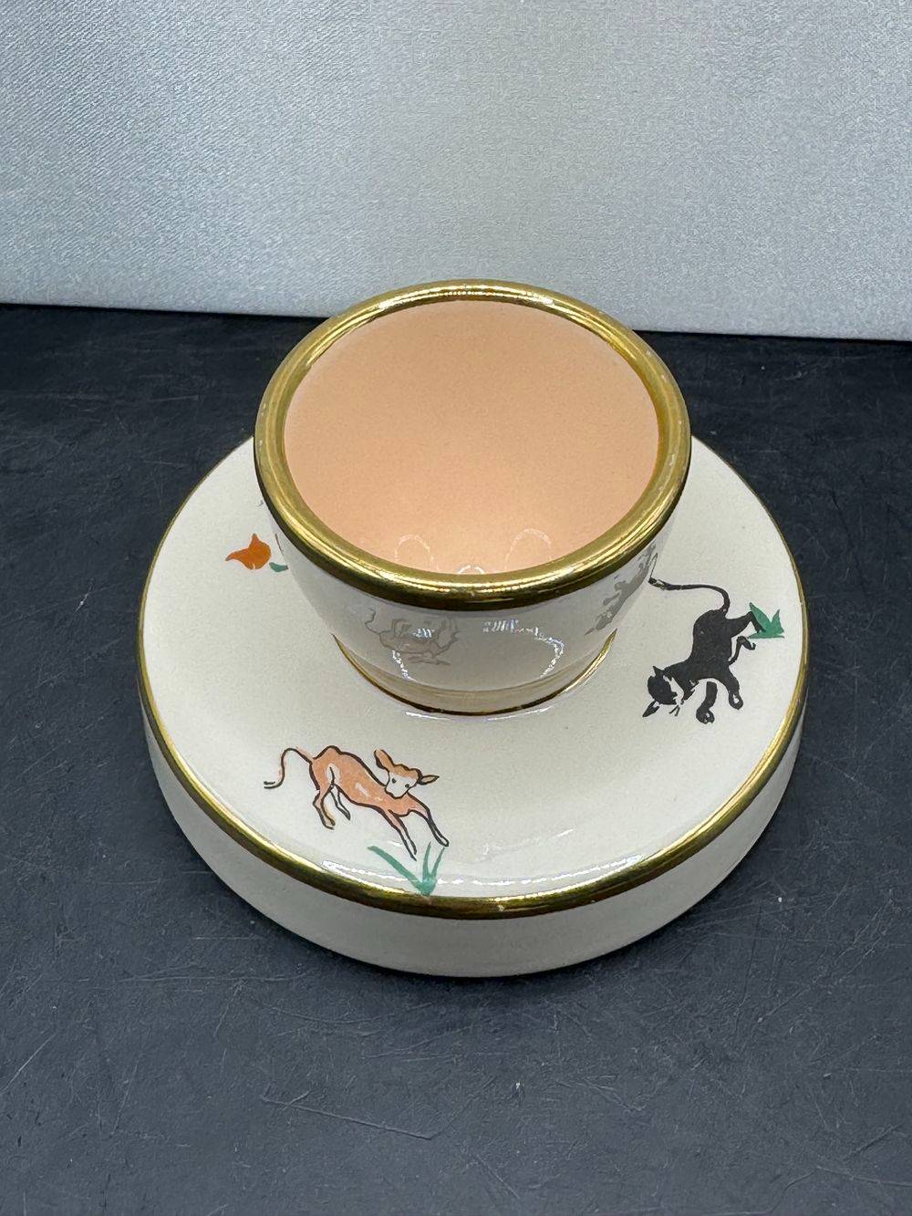 Rare Coquetier en Faïence de Saint Méen le Grand - Rivière Letort - Décor naïf et liseré or sur le bord haut - Décoration - Collection – Image 6