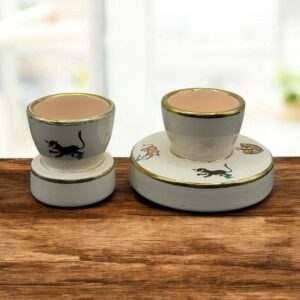 Rare lot / Ensemble de deux Coquetiers en Faïence de Saint Méen le Grand - Rivière Letort - Décor naïf et liseré or sur le bord haut - Décoration - Collection