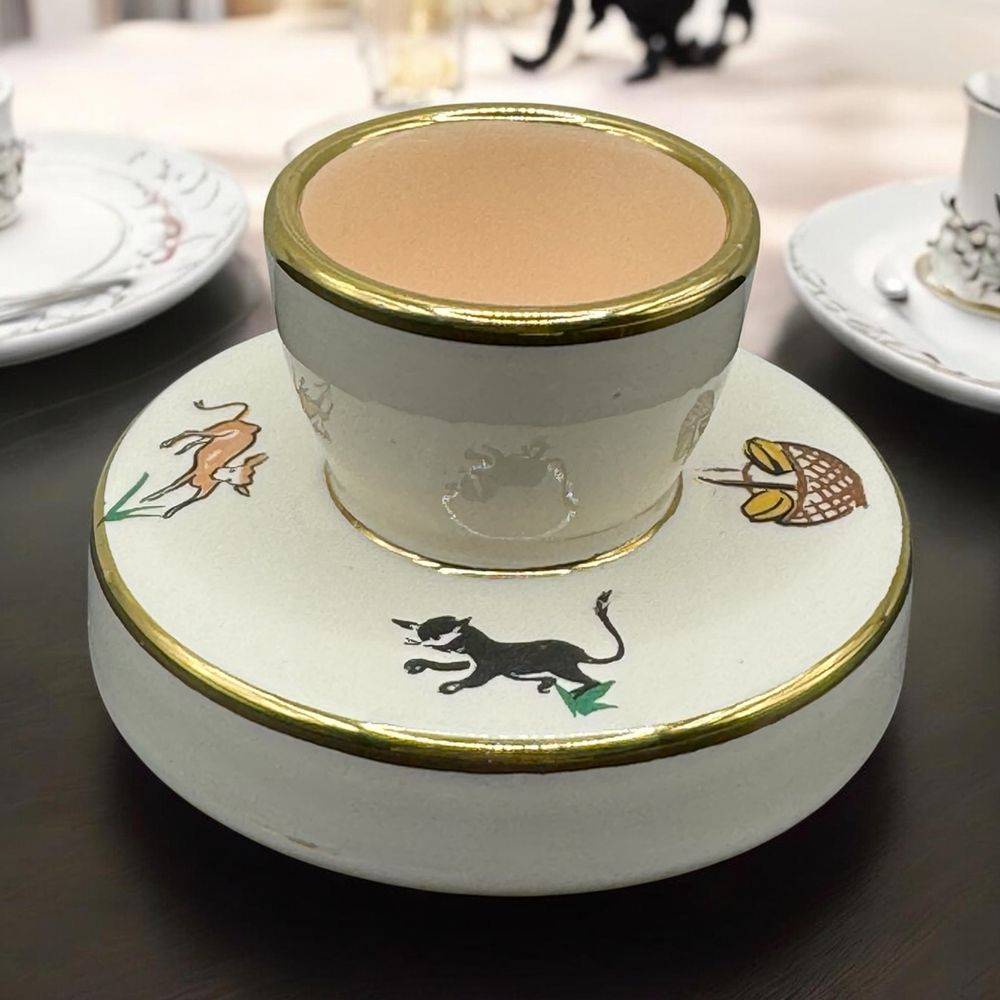 Rare Coquetier en Faïence de Saint Méen le Grand - Rivière Letort - Décor naïf et liseré or sur le bord haut - Décoration - Collection