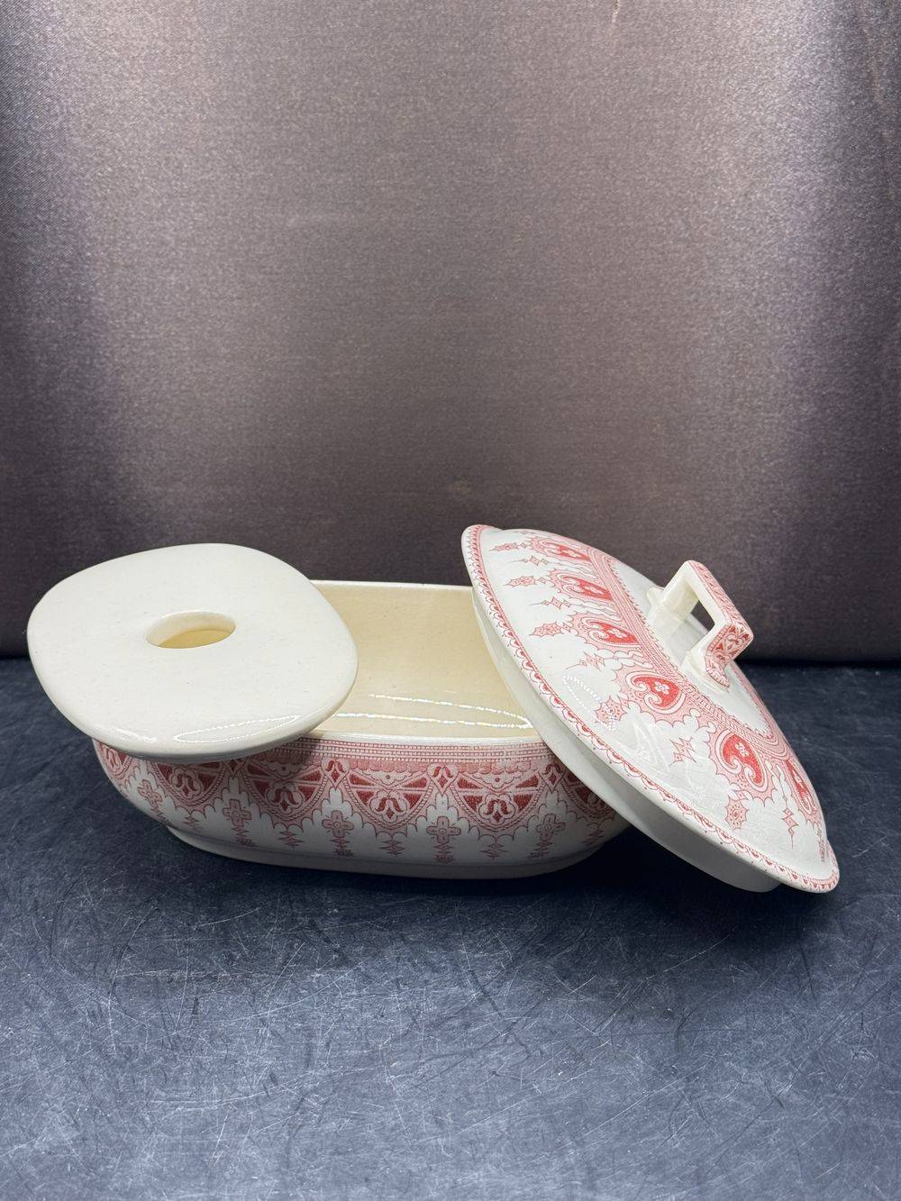 Magnifique et rare beurrier - Digoin Sarreguemines - Modèle Calcutta - France - Vers 1930 - Superbe décor rose - Estampillé - Collection - Décoration – Image 6