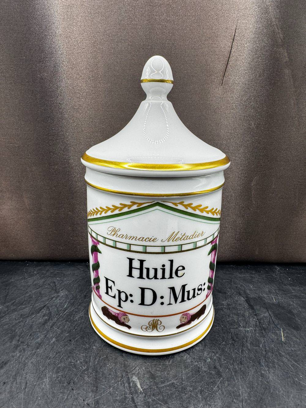 Rare grand pot à Pharmacie - pot d'Apothicaire - 20 cm - Huile Ep:D:Mus: - En Porcelaine de Limoges - Pharmacie Métadier - Vers 1960 - Dorure - Collection - Décoration – Image 2