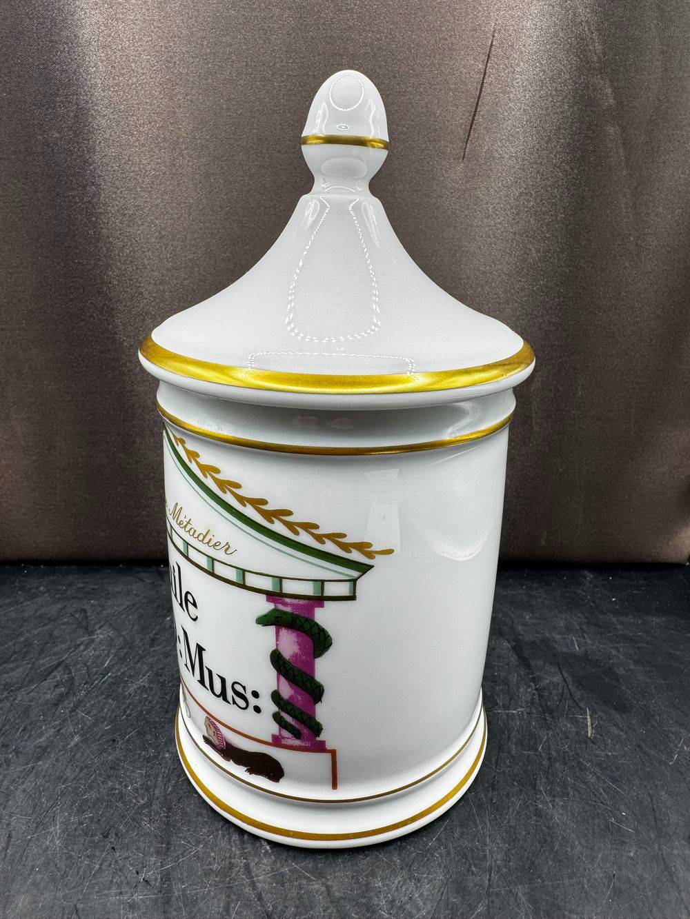 Rare grand pot à Pharmacie - pot d'Apothicaire - 20 cm - Huile Ep:D:Mus: - En Porcelaine de Limoges - Pharmacie Métadier - Vers 1960 - Dorure - Collection - Décoration – Image 3