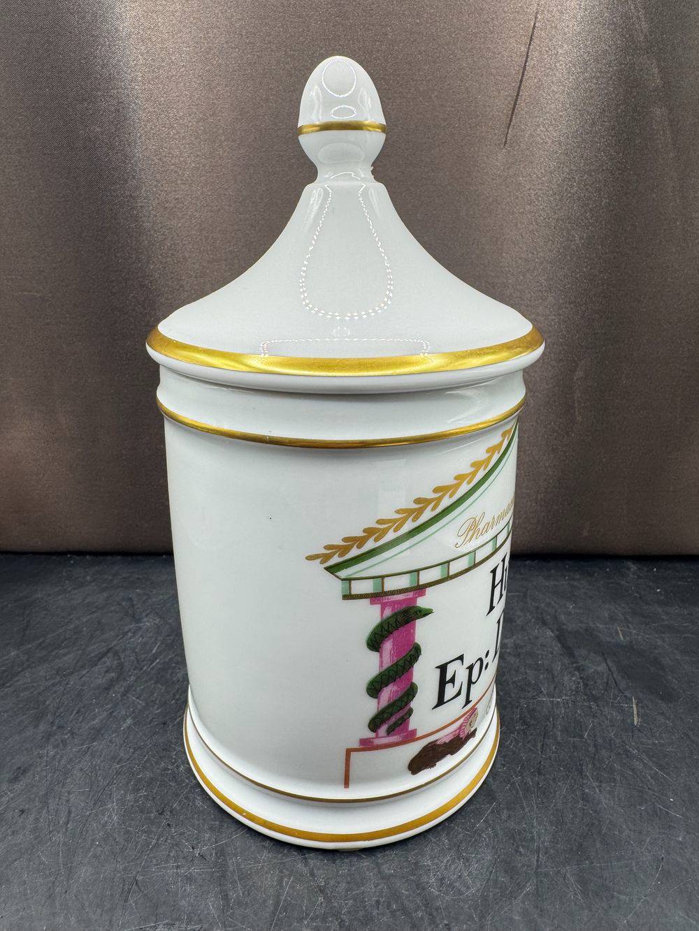 Rare grand pot à Pharmacie - pot d'Apothicaire - 20 cm - Huile Ep:D:Mus: - En Porcelaine de Limoges - Pharmacie Métadier - Vers 1960 - Dorure - Collection - Décoration – Image 4