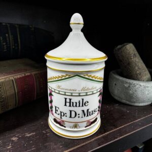Rare grand pot à Pharmacie - pot d'Apothicaire - 20 cm - Huile Ep:D:Mus: - En Porcelaine de Limoges - Pharmacie Métadier - Vers 1960 - Dorure - Collection - Décoration
