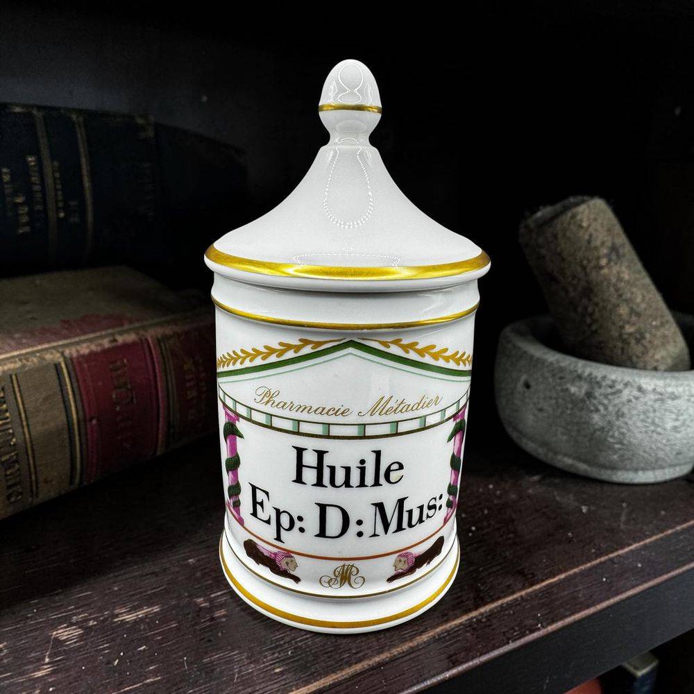 Rare grand pot à Pharmacie - pot d'Apothicaire - 20 cm - Huile Ep:D:Mus: - En Porcelaine de Limoges - Pharmacie Métadier - Vers 1960 - Dorure - Collection - Décoration