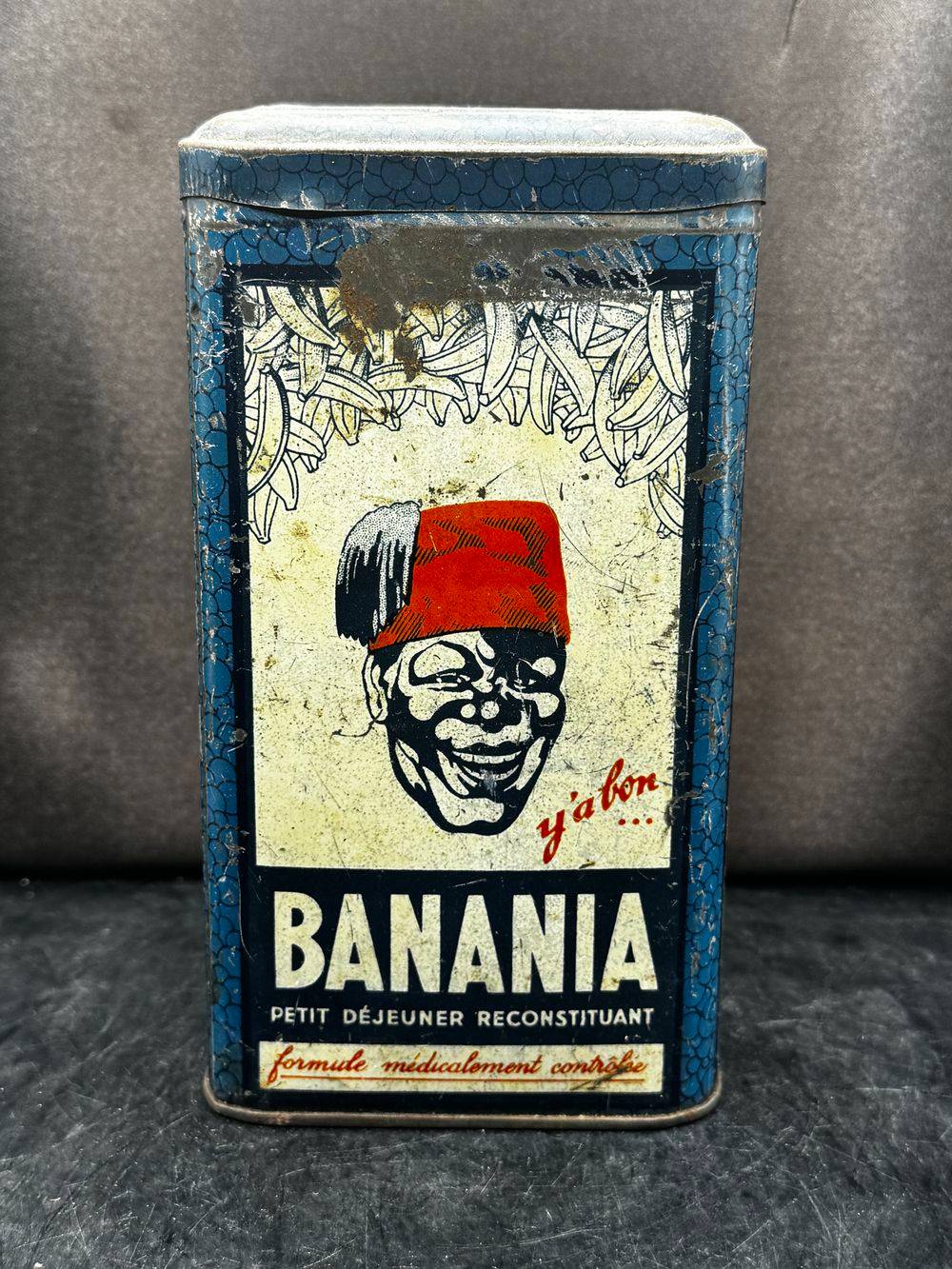 Ancienne boite publicitaire en métal/tôle lithographiée - Banania - Bleu - blanc - rouge - Graphie de Sepo années 40 - Pâtes - Epices - Chocolat - Café - Déco - Collection – Image 2