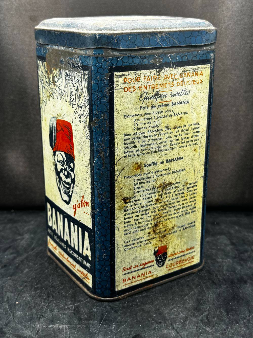 Ancienne boite publicitaire en métal/tôle lithographiée - Banania - Bleu - blanc - rouge - Graphie de Sepo années 40 - Pâtes - Epices - Chocolat - Café - Déco - Collection – Image 3