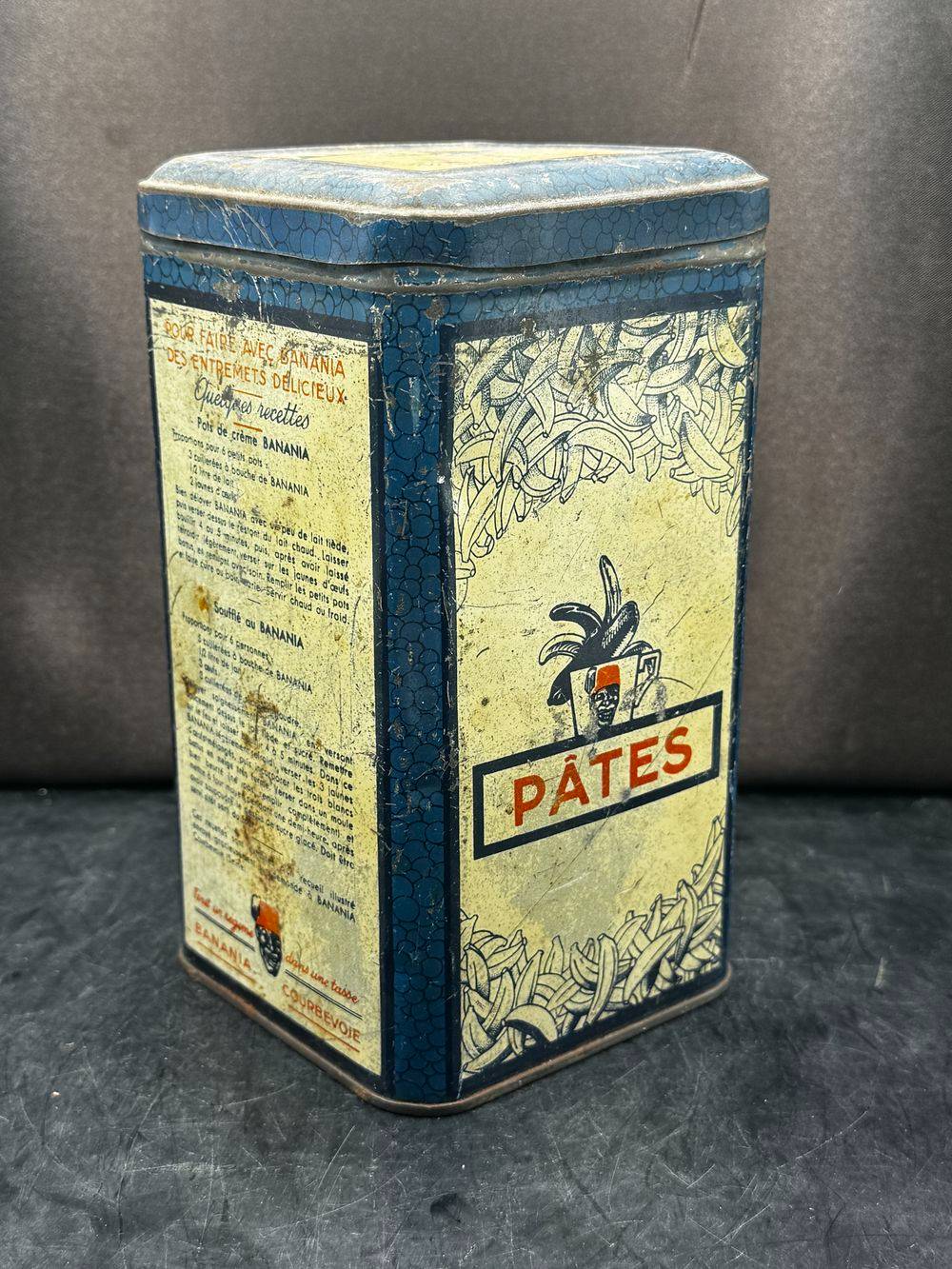 Ancienne boite publicitaire en métal/tôle lithographiée - Banania - Bleu - blanc - rouge - Graphie de Sepo années 40 - Pâtes - Epices - Chocolat - Café - Déco - Collection – Image 4