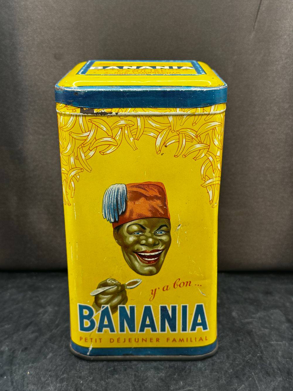 Ancienne boite publicitaire en métal/tôle lithographiée - Banania - Jaune - Graphie de Sepo - Farine - Chocolat - Café - Déco - Collection – Image 2