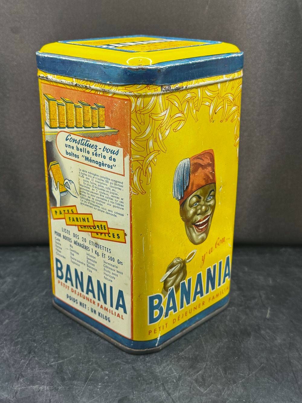 Ancienne boite publicitaire en métal/tôle lithographiée - Banania - Jaune - Graphie de Sepo - Farine - Chocolat - Café - Déco - Collection – Image 3